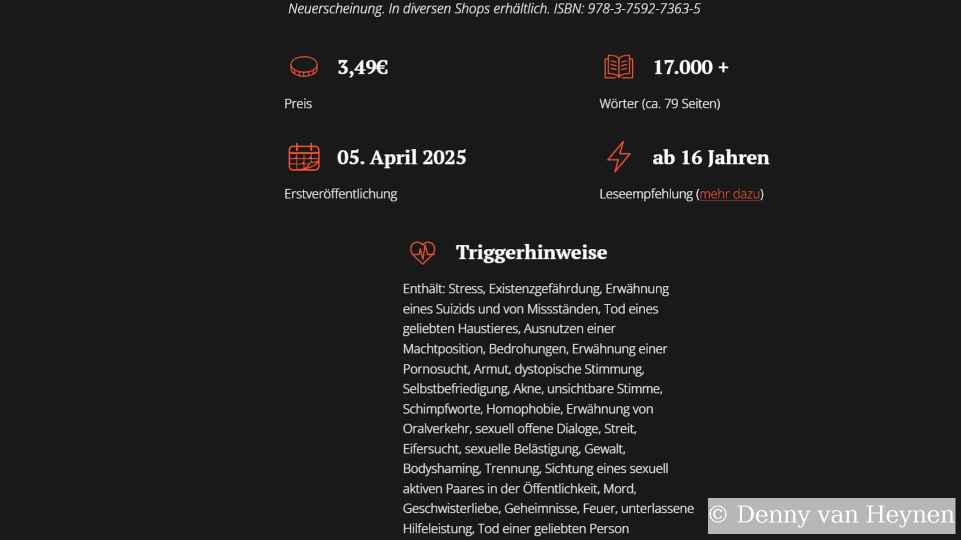 Screenshot, der anhand meiner "Maniac Stories - Band 1" - Buchdetailseite verschiedene Infokästen, inklusive der Triggerhinweise, zeigt.